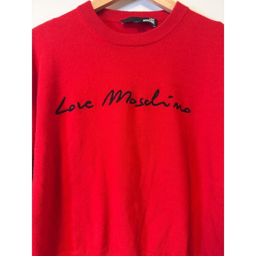 Love Moschino Red Knit Pullover Sweater With Logo Crewneck Long Sleeve S/M